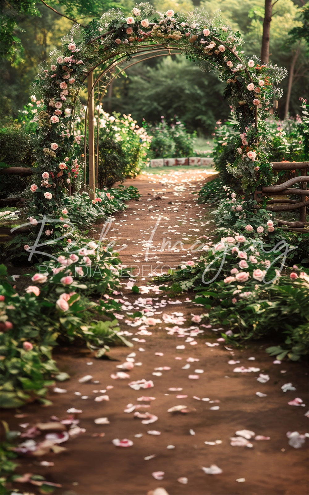 Kate Sweep Sommer Outdoor Wald Hochzeit Rosa Blumenbogen Weg Hintergrund Entworfen von Lidia Redekopp