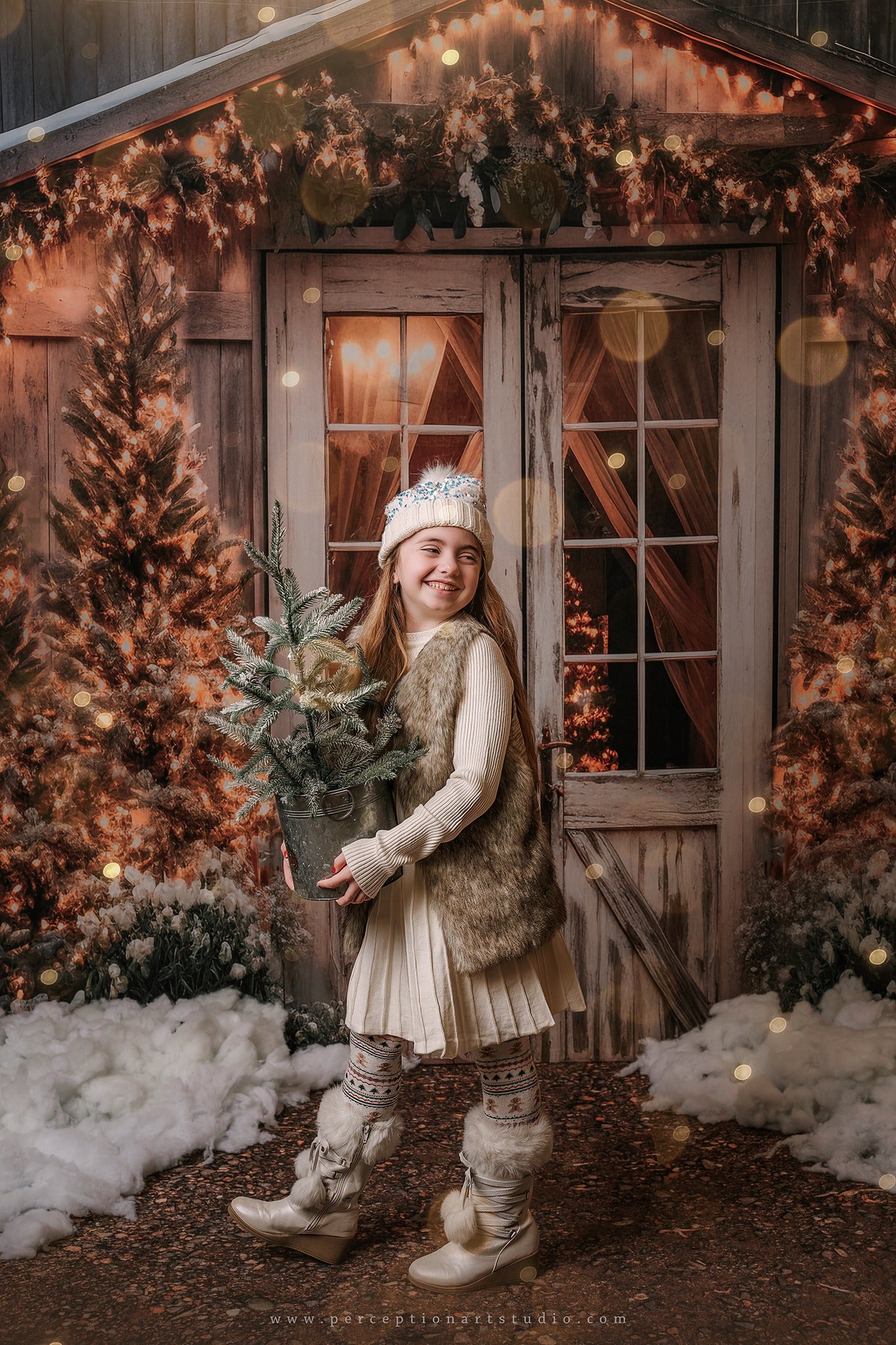 Kate Weihnachten Scheune mit Lichtern und Weihnachtsbaum Hintergrund entworfen von Emetselch