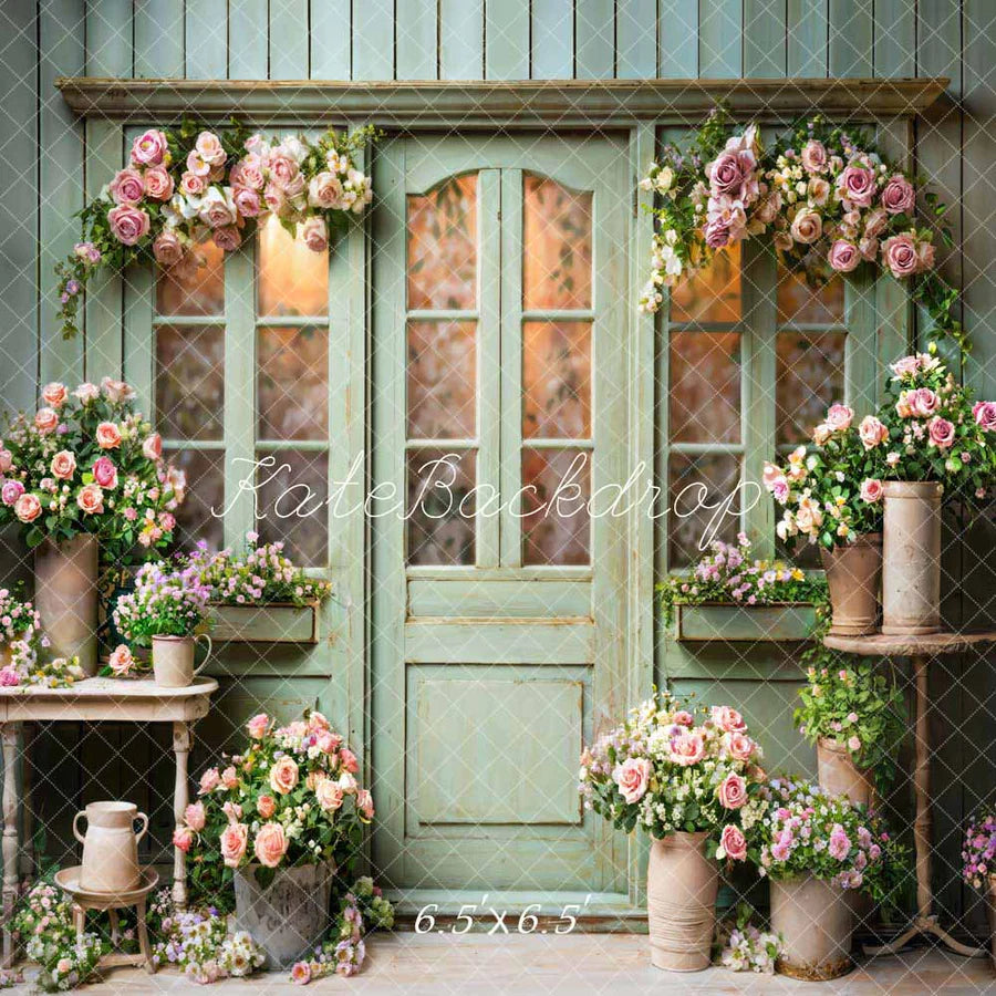 Kate Frühling Blumen Grün Holztür Hintergrund von Emetselch