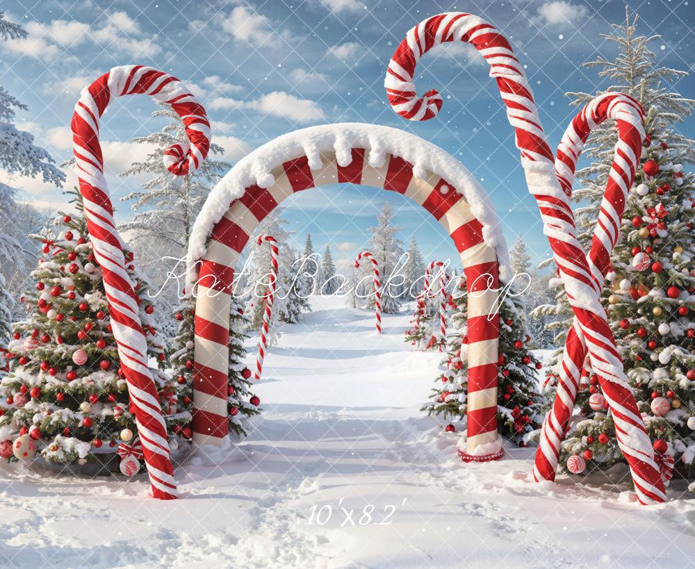 Kate Winter Weihnachten Outdoor Wald Schnee Candy Bogen Hintergrund entworfen von Chain Photography