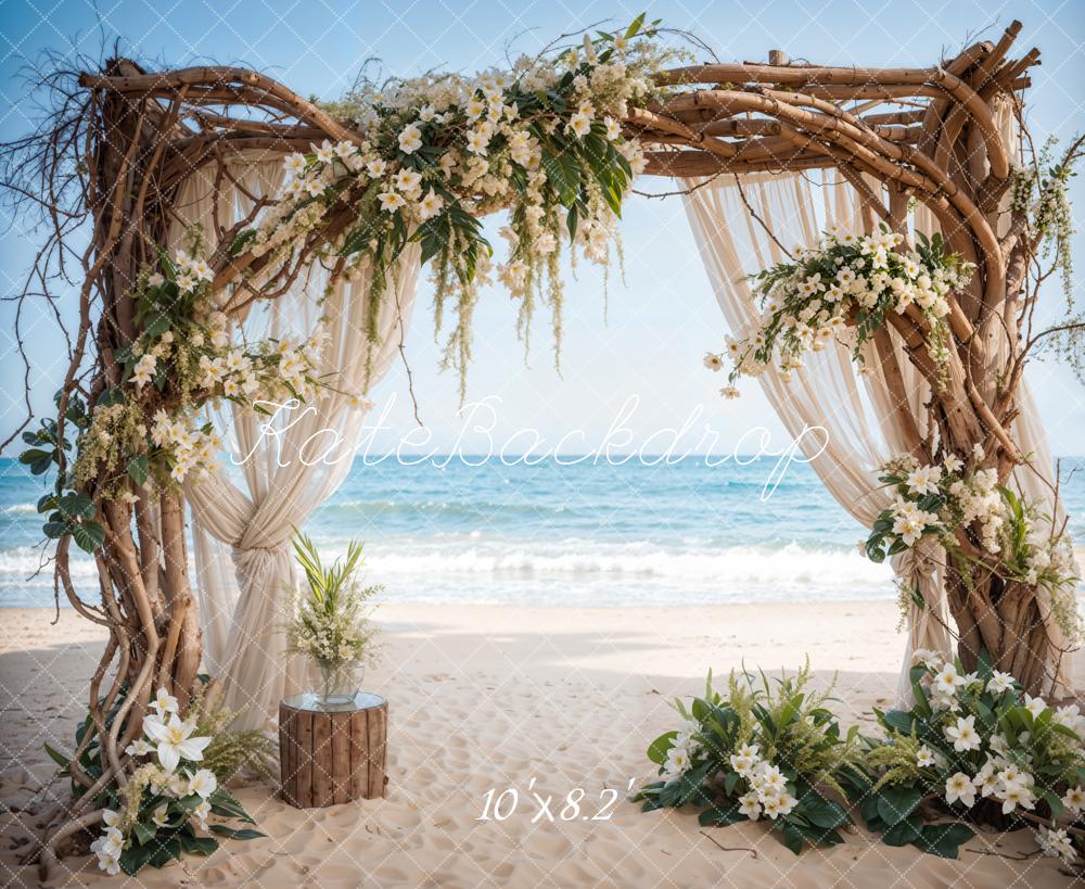 Kate Sommer Meer Strand Weiße Blumen Hochzeit Eingerahmte Holztür Hintergrund entworfen von Emetselch