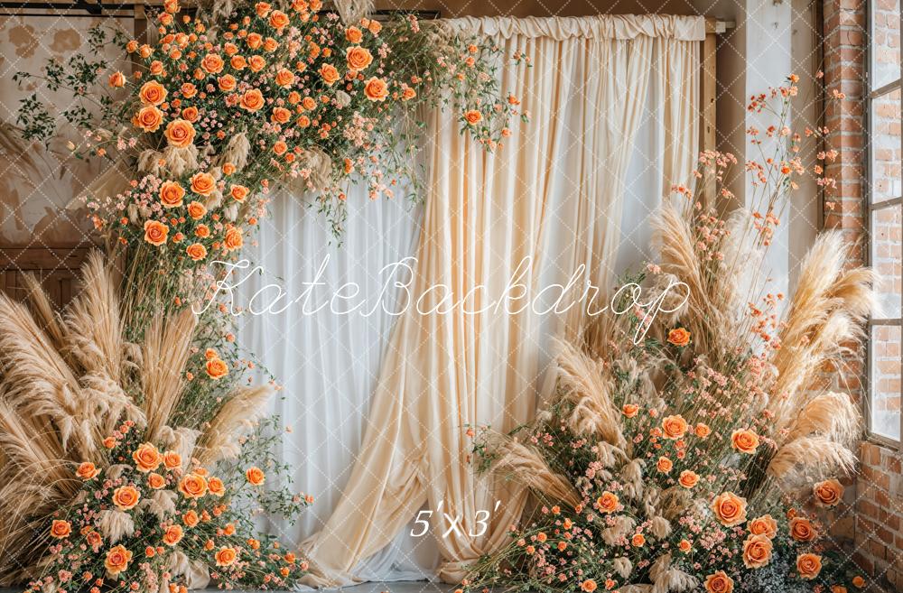 Kate Boho Fine Art Orange Blume Beige und Weiße Vorhang Wand Hintergrund entworfen von Emetselch