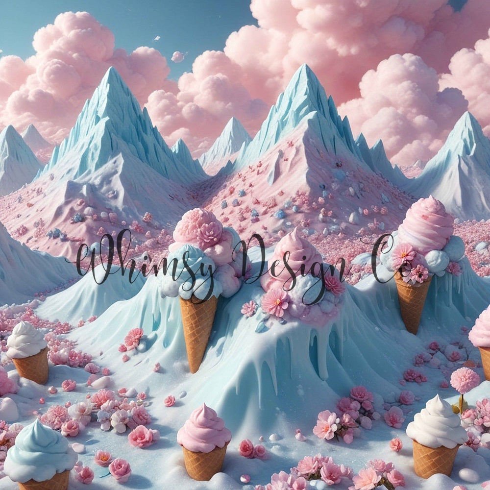 Kate Fantasy Cartoon Blau Pink Zuckerwatte Eiscreme Berg Hintergrund entworfen von Nora Dishman