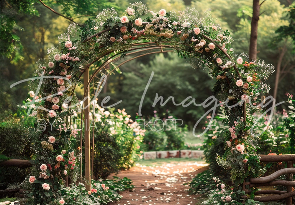 Kate Sommer Outdoor Wald Hochzeit Pinker Blumenbogen Pfad Hintergrund entworfen von Lidia Redekopp