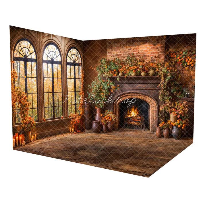 Kate Herbst Bogenfenster Backsteinmauer Kamin Zimmer Set(8ftx8ft&10ftx8ft&8ftx10ft)