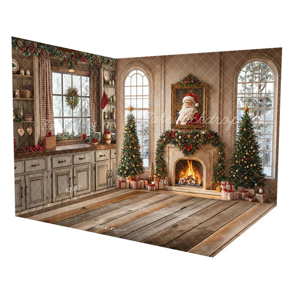 Kate Weihnachten -Baum Kamin Weihnachtsmann Portrait Vintage Fenster Zimmer Set(8ftx8ft&10ftx8ft&8ftx10ft)