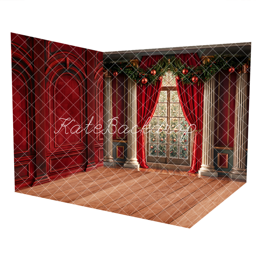 Kate Weihnachten Bogenfenster Rot Retro Wand Zimmer Set(8ftx8ft&10ftx8ft&8ftx10ft)