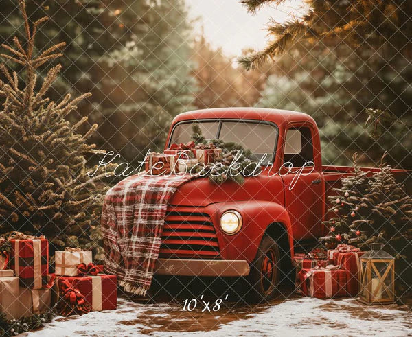 Kate Weihnachten Roter LKW karierter Wald Hintergrund Entworfen von Emetselch