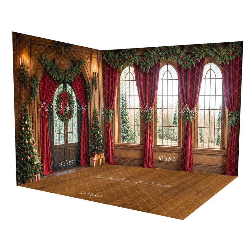 Kate Weihnachten Bogenfenster Rote Vorhänge Zimmer Set(8ftx8ft&10ftx8ft&8ftx10ft)