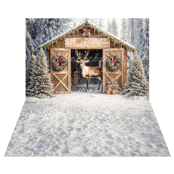 Kate Weihnachten Rentier Holz Scheune Kabine Hintergrund+Winter Schnee Textur Boden Hintergrund