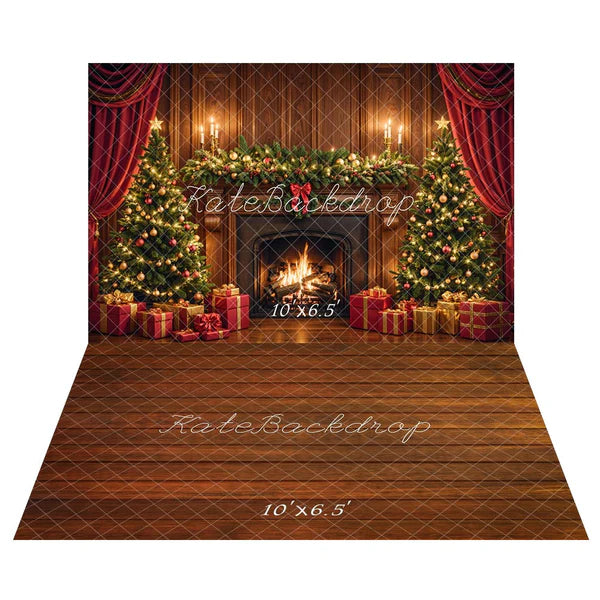 Kate Weihnachten Kamin Baum Braun Retro Wand Hintergrund+Brauner Holzstrukturboden  Hintergrund