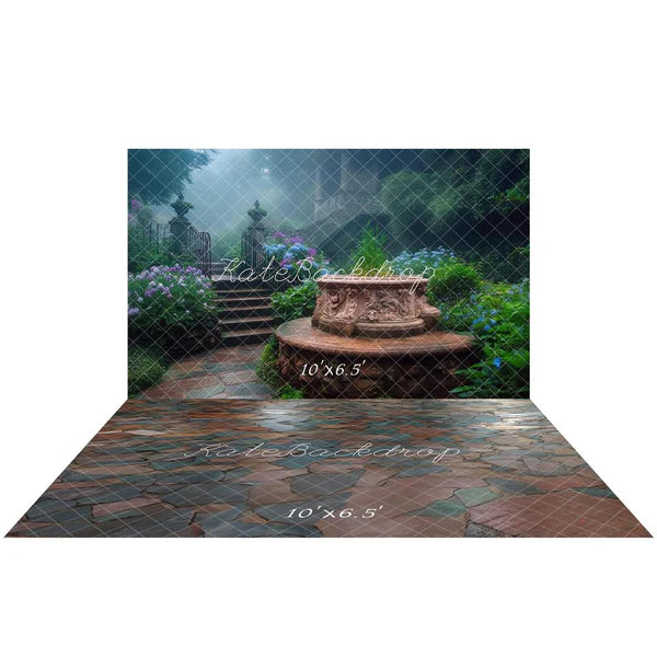 Kate REnchanted Garden Springbrunnen Treppe+Multicolor Schiefer Steinboden Hintergrund