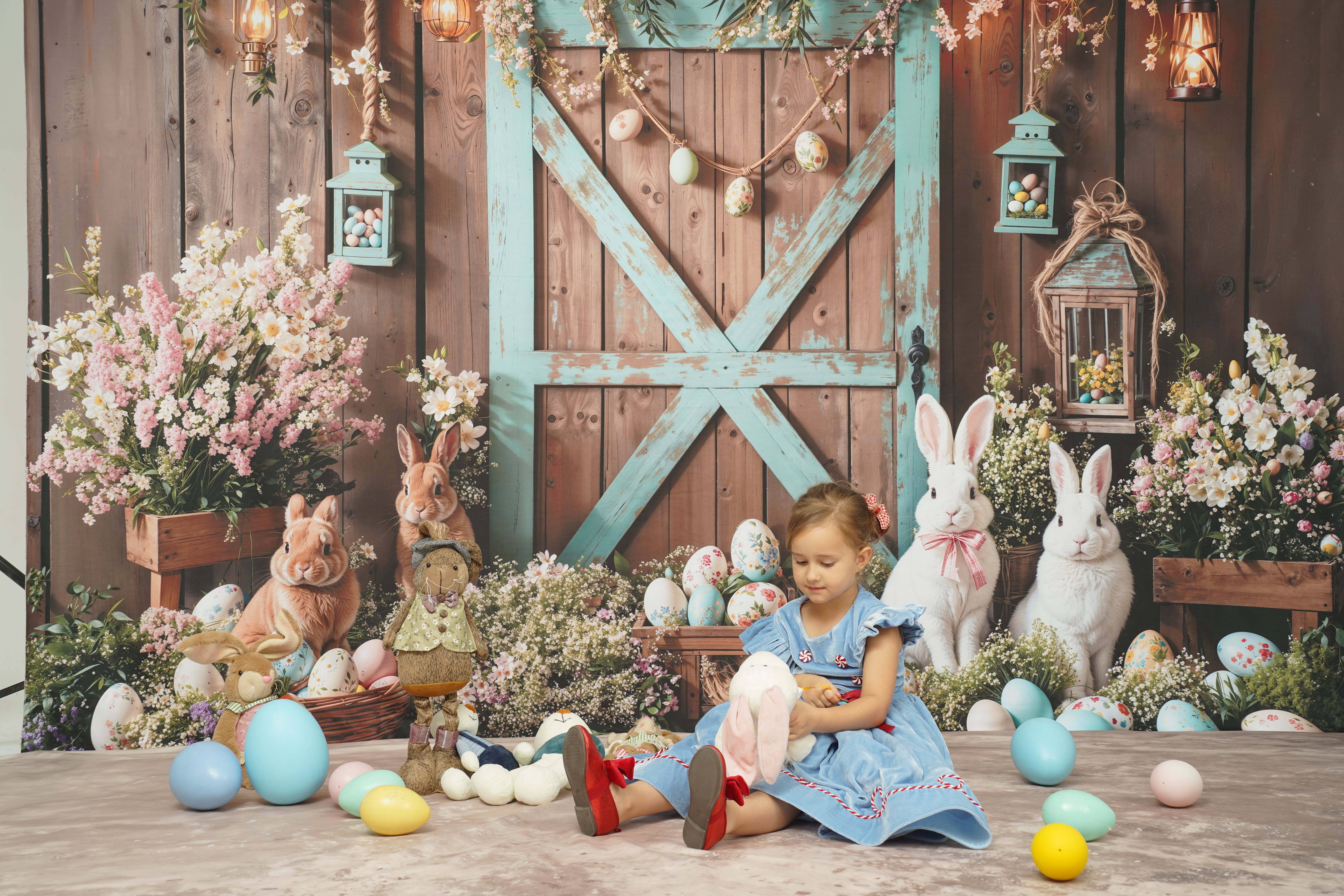 Kate Osterhase Scheunentür Blumenschmuck  Hintergrund entworfen von Emetselch