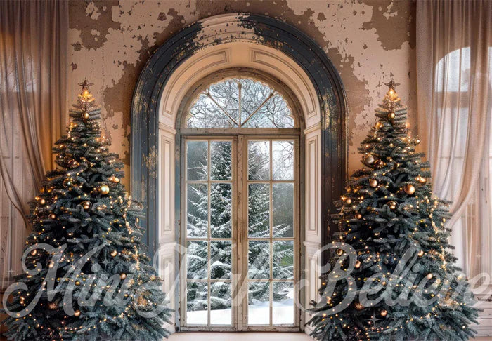 Kate Weihnachten Weißer Vorhang Grauer Retro-Bogen-Fensterhintergrund Entworfen von Mini MakeBelieve