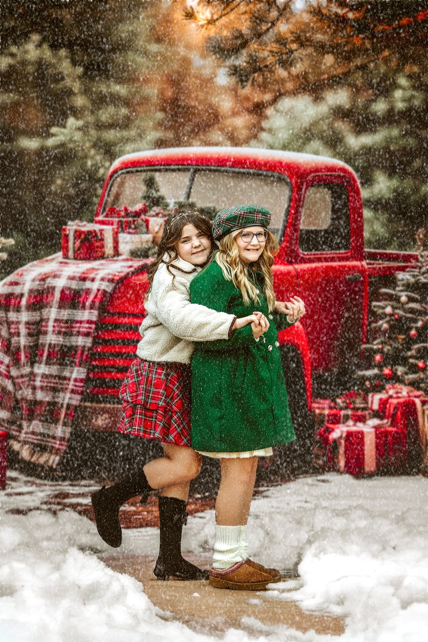 Kate Weihnachten Roter LKW karierter Wald Hintergrund Entworfen von Emetselch