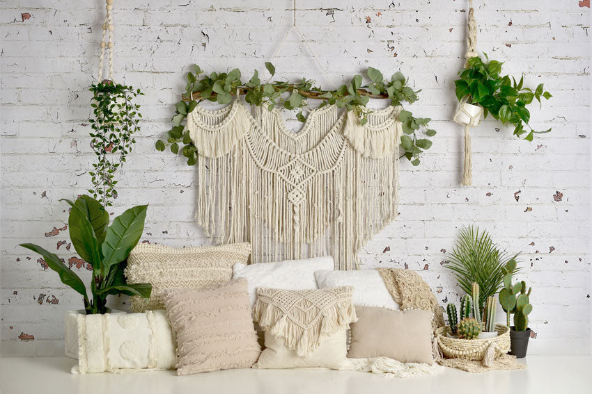 Kate Boho Macrame Bodenkissen mit Pflanzen Hintergrund Entworfen von Mandy Ringe Photography - Kate Backdrop.de